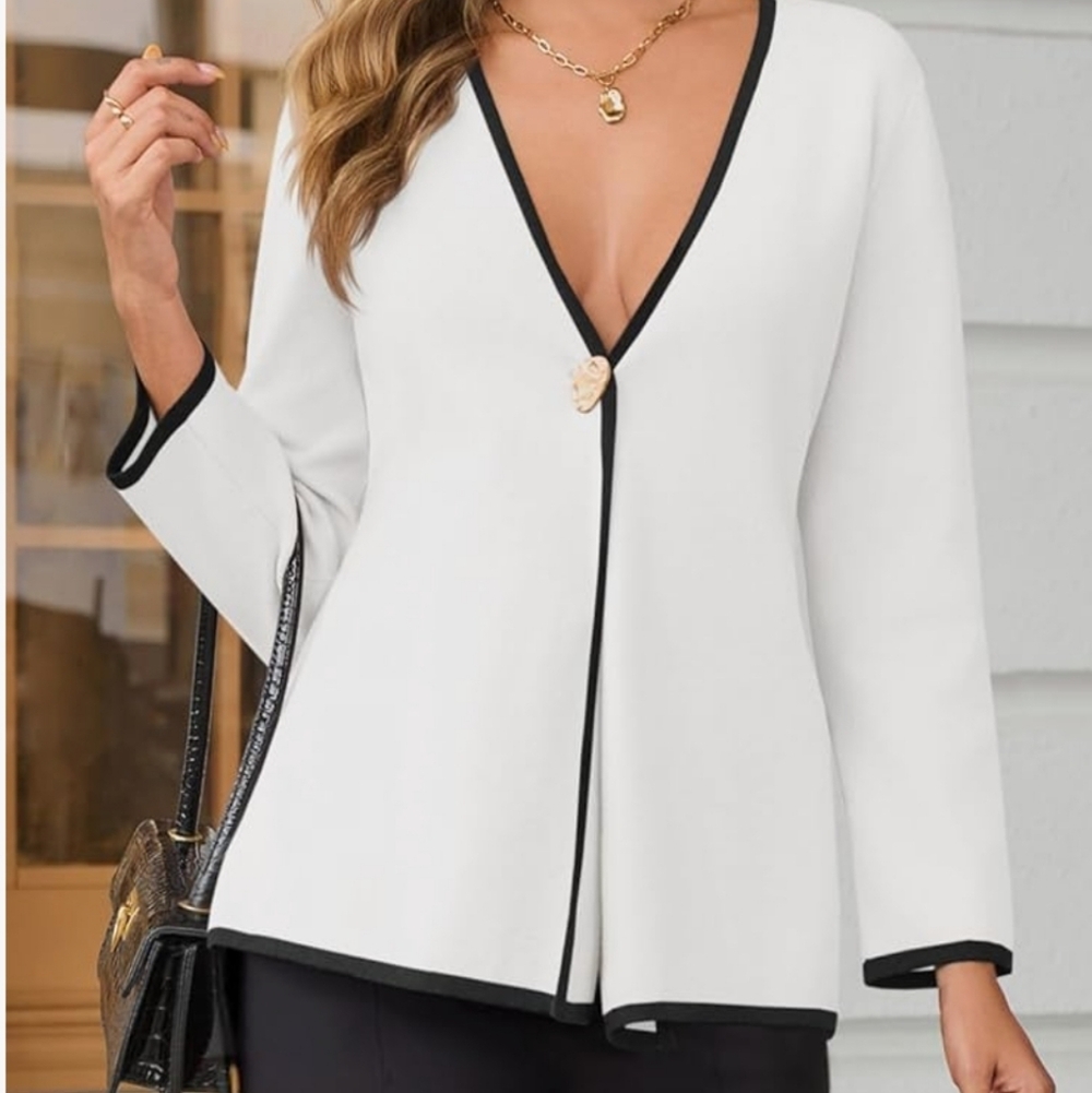 White Blazer with Black Trim - Women's Suit Jacket